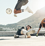 Ball, soccer and rooftop game with men sports training activity together fitness workout in city. Diversity, football competition and friends lifestyle exercise for health and wellness outdoors
