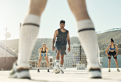 Buy stock photo Soccer, team and playing on court, doing training and exercise for match day for fitness, wellness and outdoor. Football, players and teamwork for game and health 
with workout and sportswear.