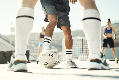 Buy stock photo Football, ball and team of fitness people play a game, training and challenge together in the city. Soccer, workout and sports people play, workout or exercise for health and wellness in urban town