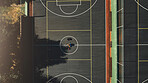 Basketball, sport and fitness, basketball court and game, public sports arena and exercise motivation top view. Athlete, workout and training, basketball player and competition with high angle.