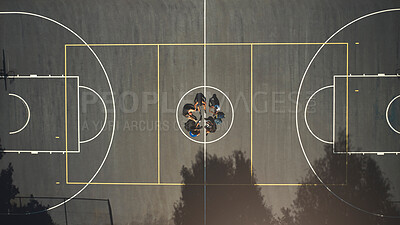 Buy stock photo Top view, basketball court or men in training break circle for game strategy, college match planning or target goal collaboration. Basketball players, sports team or community fitness in workout rest