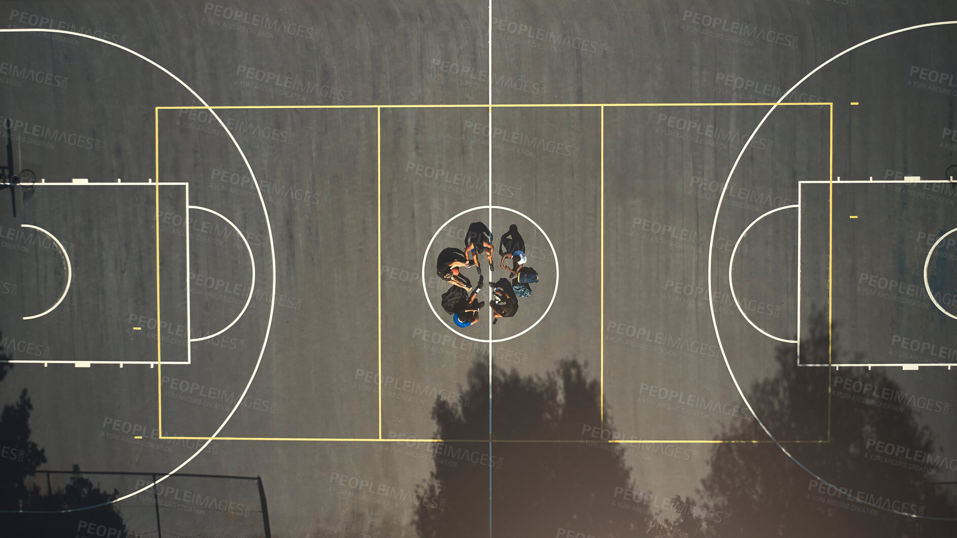 Buy stock photo Top view, basketball court or men in training break circle for game strategy, college match planning or target goal collaboration. Basketball players, sports team or community fitness in workout rest