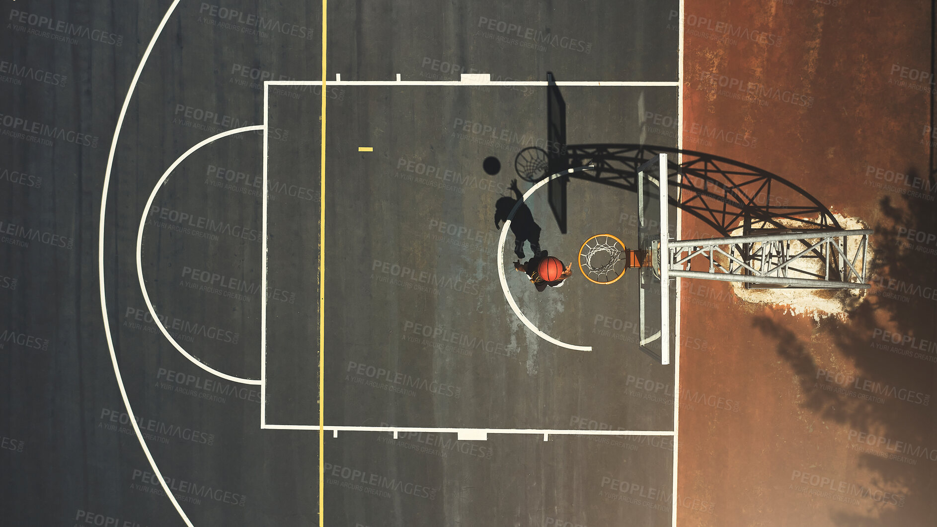 Buy stock photo Top view, basketball court or man scoring goals in fitness workout, training or exercise for health, wellness or heart cardio. Sports, energy or basketball player in winner game, math or competition 