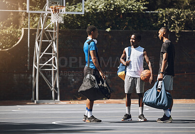 Buy stock photo Basketball, sport and men planning game, training and exercise on a court together. Happy, smile and African friends and team talking before fitness, sports or cardio workout for competition