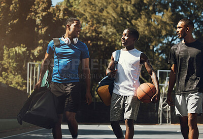 Buy stock photo Basketball, team and sports friends walking relax after game, competition or training practice for athlete health, fitness or exercise. Basketball court workout, African or happy group of people talk