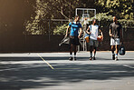 Diversity, friends and sports on basketball court, training fitness exercise in New York and happy team talking. Healthy lifestyle club, group walking together and motivation for fun competition game