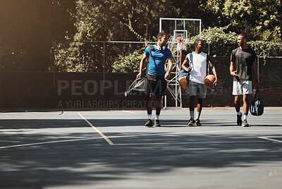 Buy stock photo Diversity, friends and sports on basketball court, training fitness exercise in New York and happy team talking. Healthy lifestyle club, group walking together and motivation for fun competition game
