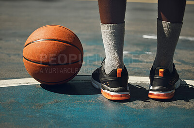 Buy stock photo Basketball, basketball player and athlete legs close up on basketball court outdoors fitness training workout. Young African American man, sports exercise and healthy lifestyle motivation outside