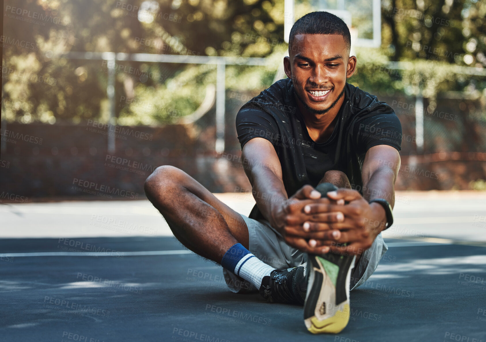 Buy stock photo Black man, fitness and stretching leg in city, street or urban outdoors. Sports, health and happy male from Nigeria on ground, warm up or getting ready for running, training or workout exercise alone