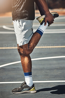Buy stock photo Basketball court, man and stretching legs outdoor for exercise, muscle energy and healthy training of sports game. Closeup basketball player start body warm up, feet balance and energy in competition