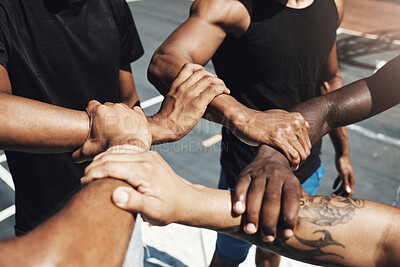 Buy stock photo Diversity team, friends and basketball holding hands for trust, partnership or community goal on New york basketball court. Motivation, support or sports unity for fitness, training or health workout
