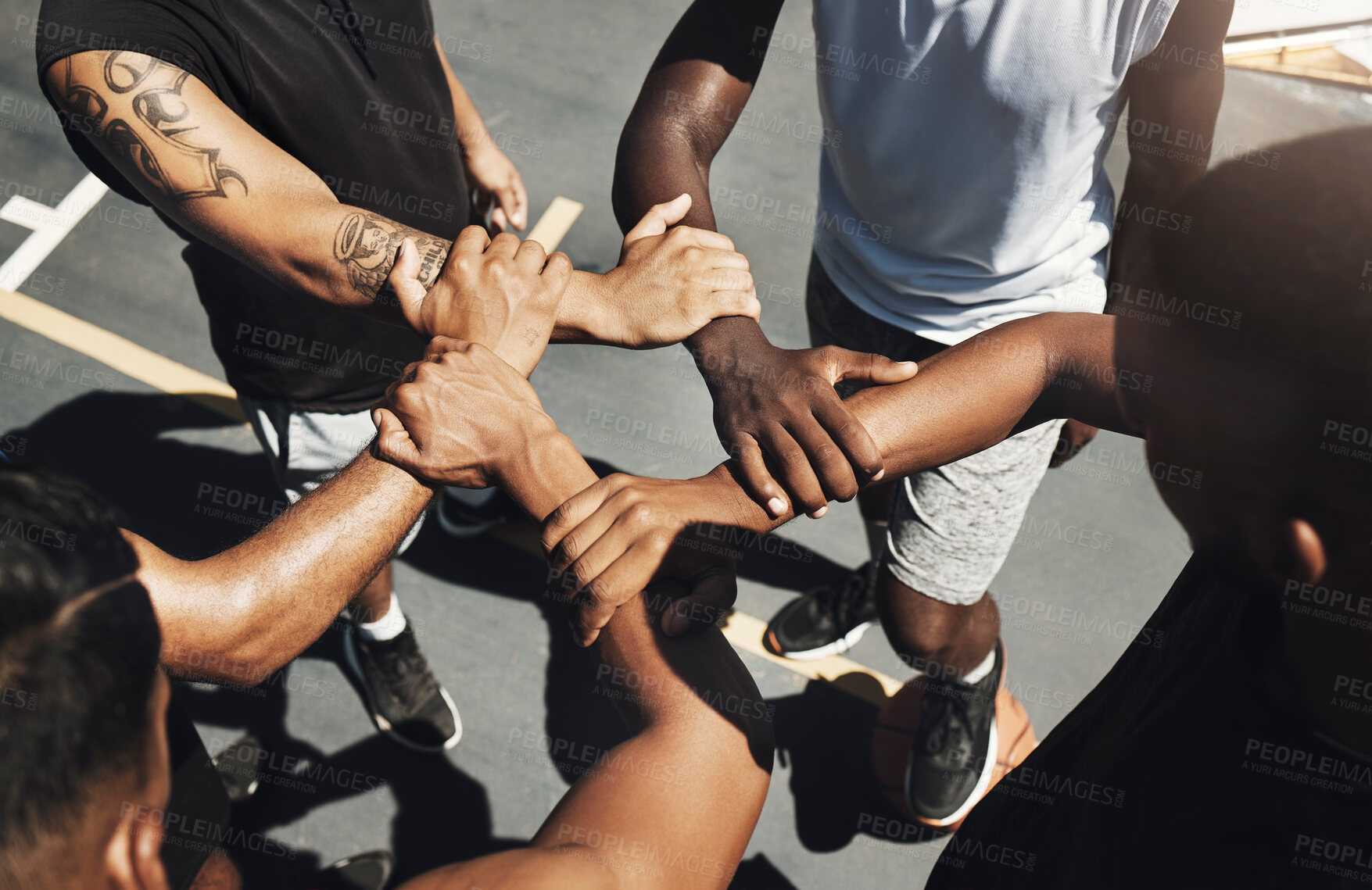 Buy stock photo Wrist hands, sports teamwork and support, collaboration and cooperation for basketball court game. Above athlete group solidarity, partnership and motivation of goals, trust and friends commitment 