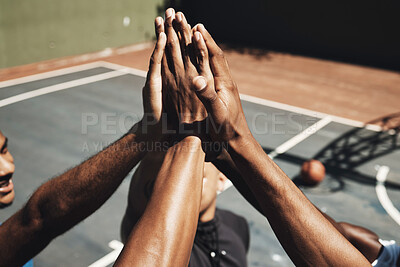 Buy stock photo Sports friends, men or high five on basketball court in success game, community support workout or match motivation. Team building, winner or fitness celebration hands of players in exercise training