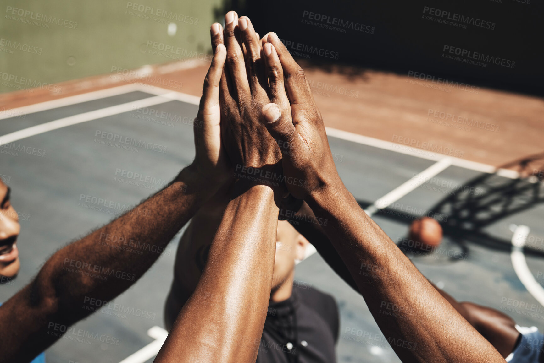 Buy stock photo Sports friends, men or high five on basketball court in success game, community support workout or match motivation. Team building, winner or fitness celebration hands of players in exercise training