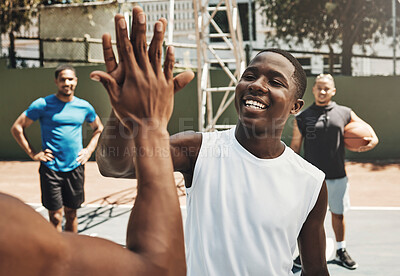 Buy stock photo Teamwork, high five or basketball in zoom for support, motivation or game on basketball court. Happy, team health or diversity for sport, games fitness success for team building in workout with smile