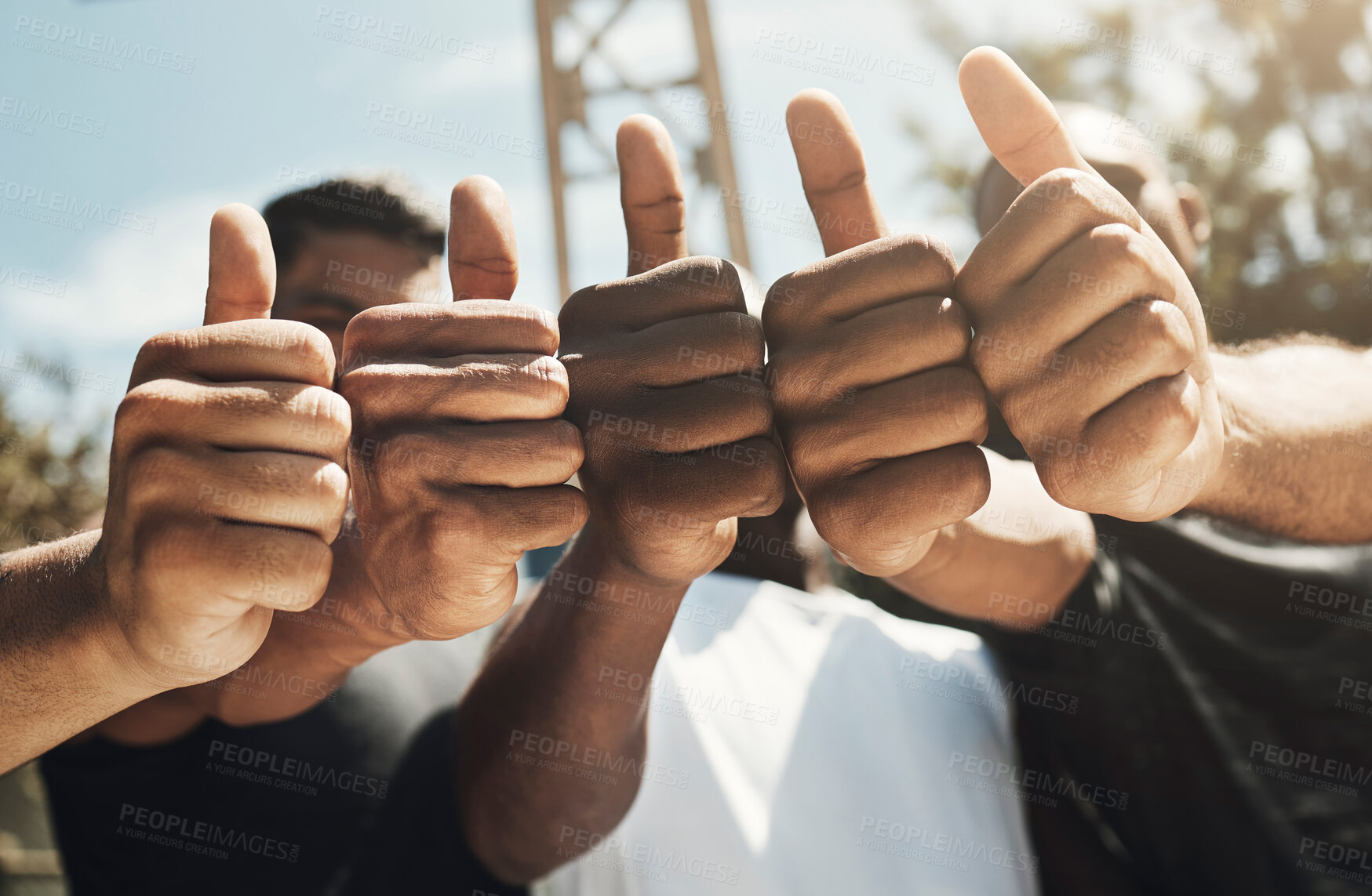 Buy stock photo Sports team, men and thumbs up success in fitness workout motivation, training trust and exercise community support. Zoom, friends and basketball court players with hand gesture for winner goals vote