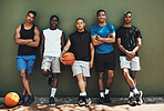 Portrait, basketball and team after sports training for a game on an outdoor professional court. Workout, athletes and healthy group of men with exercise and fitness for match on a playing court