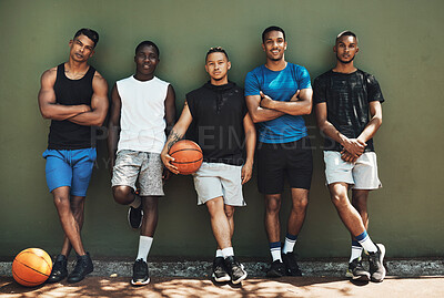 Buy stock photo Portrait, basketball and team after sports training for a game on an outdoor professional court. Workout, athletes and healthy group of men with exercise and fitness for match on a playing court