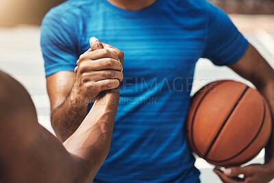 Buy stock photo Basketball players, handshake and greeting with ball to celebrate for victory, congratulations and exercise for game. Team, workout and fitness for practice, training and match on court for wellness.
