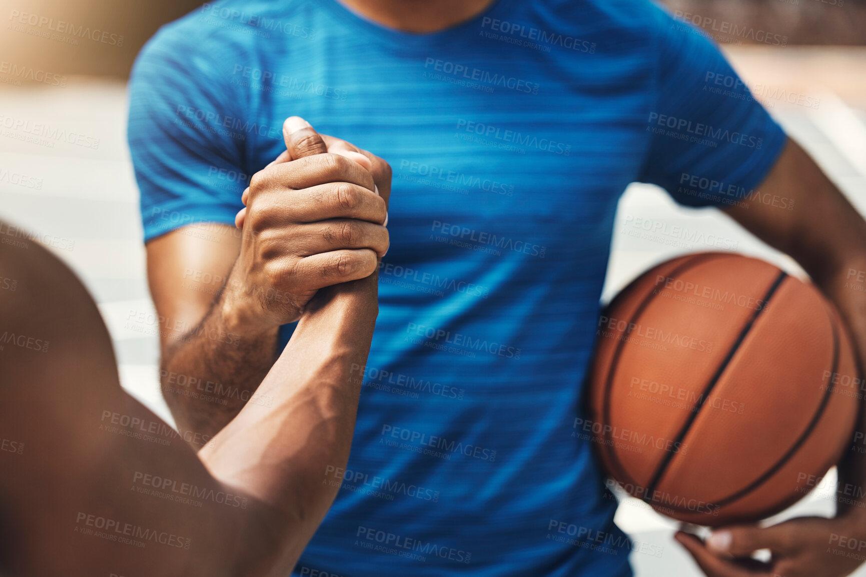 Buy stock photo Basketball players, handshake and greeting with ball to celebrate for victory, congratulations and exercise for game. Team, workout and fitness for practice, training and match on court for wellness.