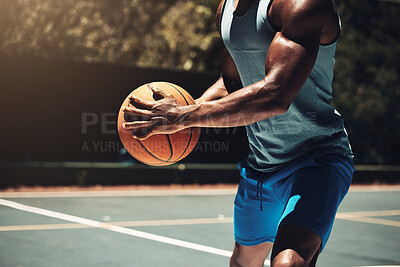 Buy stock photo Man, basketball and running on court for training, workout and exercise in summer. Basketball player, basketball court and practice in sunshine for fitness. dribble or wellness to be ready for sports