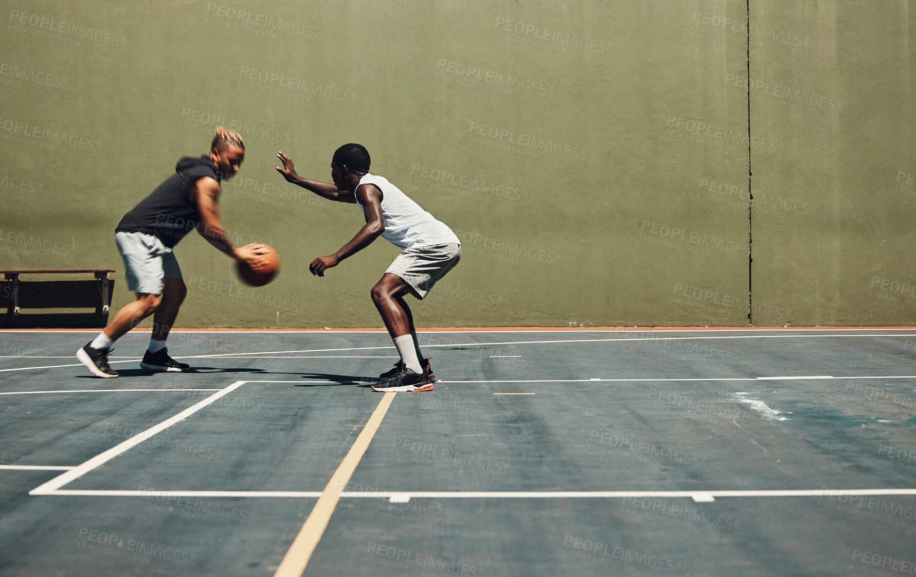 Buy stock photo Exercise, sports and basketball friends training at basketball court for health, cardio and speed challenge. Fitness, energy and men practice skill together, having fun and enjoying workout with ball