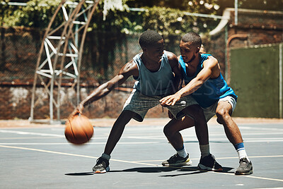 Buy stock photo Basketball, sports and competition with a man athlete and opponent on a court for fitness, exercise or training. Workout, health and sport with male basketball player friends playing a game together