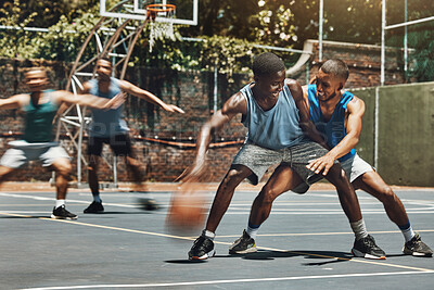 Buy stock photo Training, basketball and friends at a basketball court, having fun in competitive game and laughing, silly and cheerful. Energy, sports and basketball players competing for ball in bonding workout