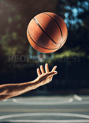 Buy stock photo Basketball court, hands or ball texture for fitness, training or exercise for competition game or match. Zoom, sports man or basketball player ready for workout or health wellness with winner mindset