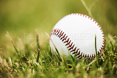 Baseball, sports and outdoor ball in nature on grass for a sport, exercise and fitness training. Pre game, workout match and active athlete equipment for a fun exercising activity on green plants