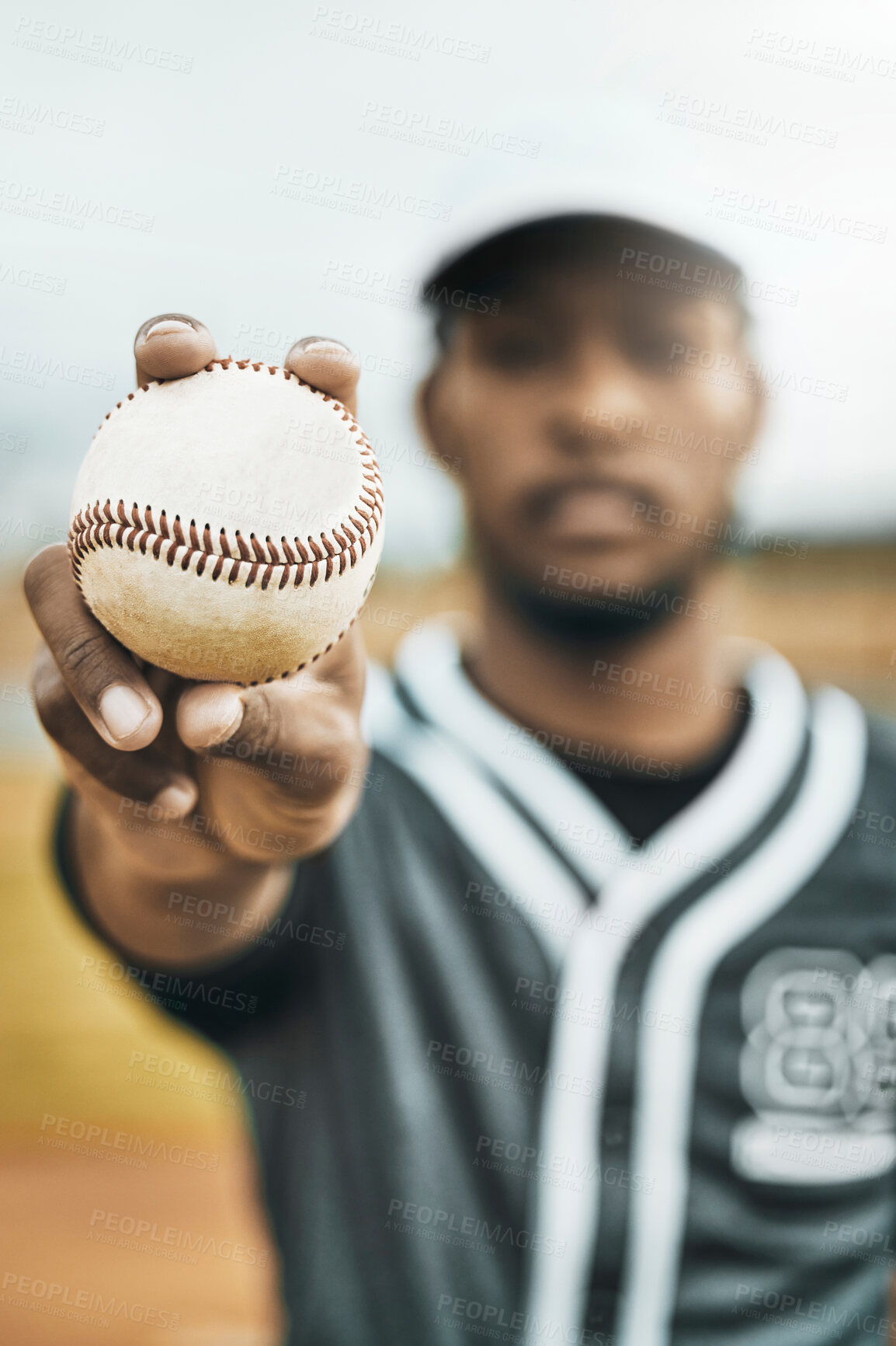 Buy stock photo Sports, baseball and hands of man with ball for game match, performance competition or fitness practice. Softball motivation, focus and portrait of athlete ready for exercise, training or workout