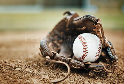 Buy stock photo Baseball, leather glove and ball on pitch sand after fitness, workout or training for match or competition. Zoom, texture and softball mitt on field for sports team, wellness exercise or stadium game