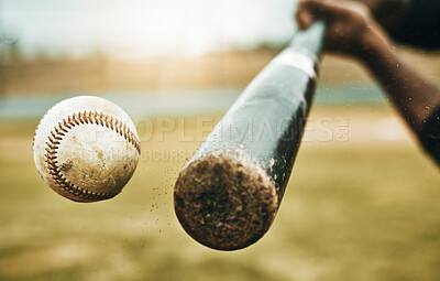 Buy stock photo Baseball hit, sports and athlete on a outdoor field hitting a ball in a game with a baseball bat. Sport, baseball player and man busy with exercise, fitness and workout training on green grass 
