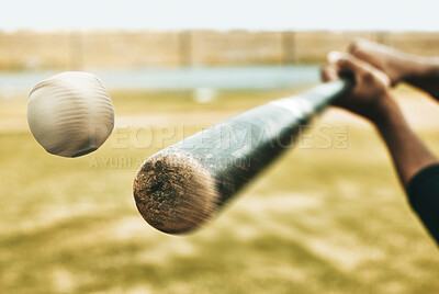 Buy stock photo Baseball, speed and game action bat on field with athlete man playing in competitive sport match. Swing, strike and baseball stadium competition of professional player with fast hit movement.

