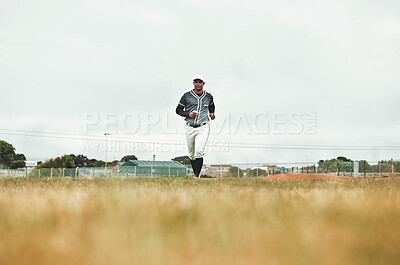 Buy stock photo Baseball player running on a baseball field for training, sport and fitness in physical, competitive game. Sports, health and baseball with a man athlete at the start of a match on a field outdoors