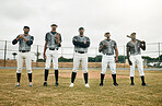 Baseball player, team and baseball field, fitness and sport, sports equipment, athlete ready and motivation. Young, men and athlete, focus and serious in portrait, solidarity and confident for game.