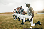 Baseball, sports and fitness with a team stretching on a grass pitch or field before a game outdoor. Exercise, training and workout with a male baseball player group getting ready for a sport match