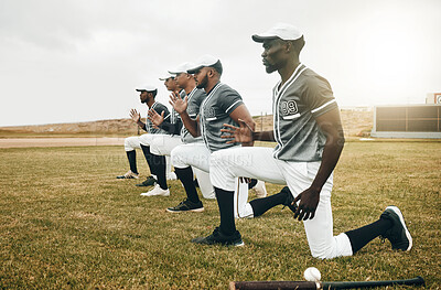 Buy stock photo Baseball, sports and fitness with a team stretching on a grass pitch or field before a game outdoor. Exercise, training and workout with a male baseball player group getting ready for a sport match