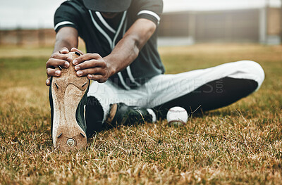 Buy stock photo Baseball, player and stretching for game, training and workout on field, with ball and sportswear for health. Black man, athlete or doing exercise to prepare for game, match or fitness being healthy 