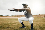 Baseball player, stretching and black man on sports field doing warm up exercise, workout practice for match. African male athlete outdoor with tshirt and cap for health, wellness and energy on pitch
