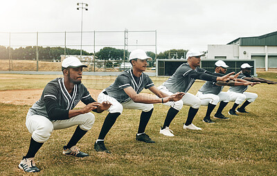 Buy stock photo Sports, baseball and team stretching in training, exercise and fitness workout on a baseball field in Houston, USA. Teamwork, softball and healthy group of men ready to start playing a match game 