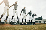 Baseball, training and exercise with a sport team preparing for a game on a grass pitch or field for sports. Fitness, teamwork and health with man friends getting ready during practice or a workout