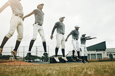 Buy stock photo Baseball, training and exercise with a sport team preparing for a game on a grass pitch or field for sports. Fitness, teamwork and health with man friends getting ready during practice or a workout