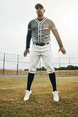 Buy stock photo Jump on field, baseball player man on court and training for sports game performance in Houston. Softball exercise on grass, strong young club athlete and fitness on pitch in winter and fast energy