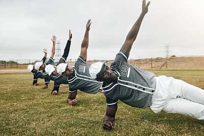 Buy stock photo Sports, baseball field and team doing body stretching to prepare for game, competition or fitness workout. Sport, focus or exercise training group of people, athlete or warm up with winner mindset
