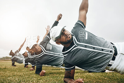 Buy stock photo Baseball, sports and collaboration with a team stretching for a game or match on a field. Sport, fitness and exercise with a male athlete group in a warmup before training on grass for a workout