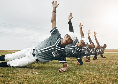 Buy stock photo Fitness, baseball pitch and team stretching before a game or sport training on an outdoor field. Softball, health and men athletes doing a warm up exercise for a match, workout or sports motivation.