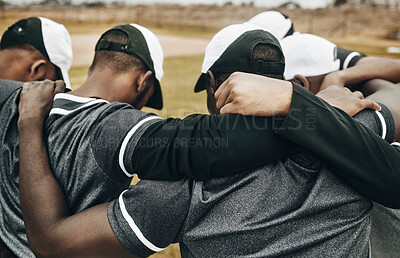 Buy stock photo Baseball teamwork, sports and strategy, coaching support and motivation for men competition game. Professional softball athlete group huddle, planning training goals and winner collaboration together