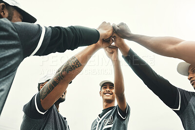 Buy stock photo Hands, team and baseball for sport motivation to win, achieve and unite together for the game outdoors. Hand of sports group of baseball player in teamwork, unity and trust in support for win or goal
