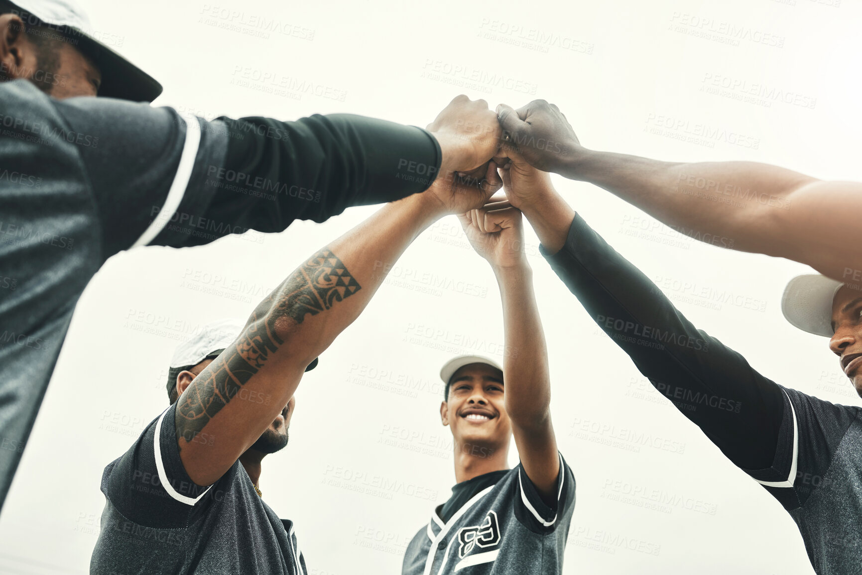 Buy stock photo Hands, team and baseball for sport motivation to win, achieve and unite together for the game outdoors. Hand of sports group of baseball player in teamwork, unity and trust in support for win or goal